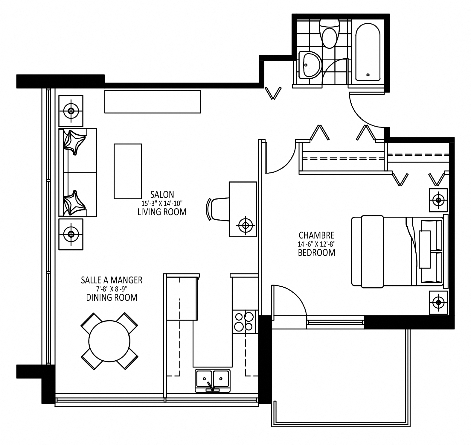 Floor plan for 1 bed, 1 bath, 645 sqft
